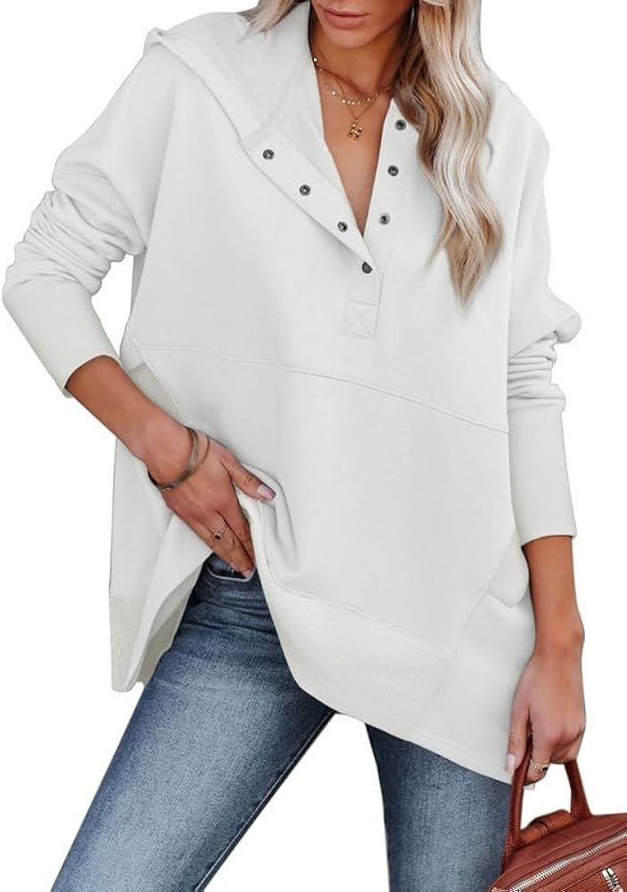 SHEWIN Womens Oversized Sweatshirt Hoodies Casual Button V Neck Hooded Pullover Tops with Pocket | Amazon (US)