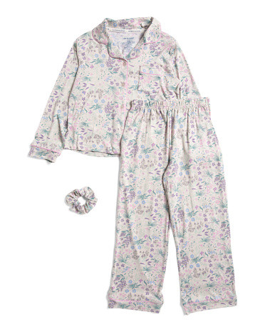 Little Girls 2pc Floral Pajama Top And Pants Set With Scrunchie | TJ Maxx