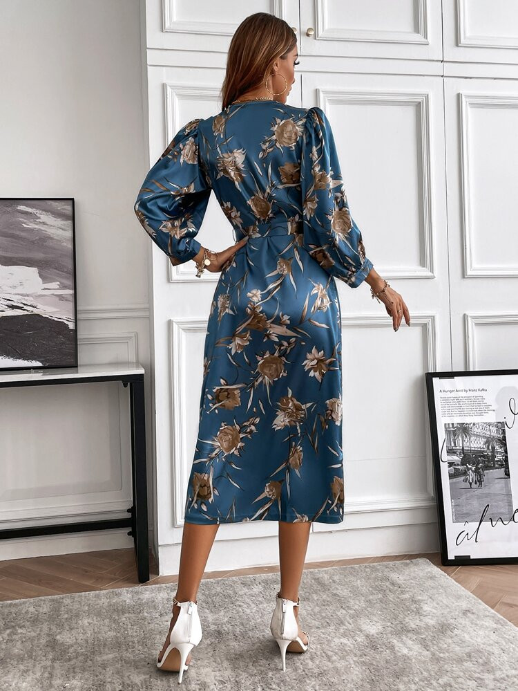 Satin Floral Bishop Sleeve Belted A-line Dress | SHEIN