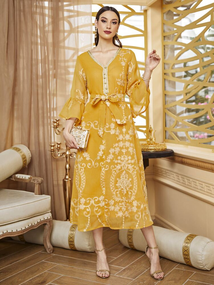 Appliques Self Tie Flounce Sleeve Dress | SHEIN