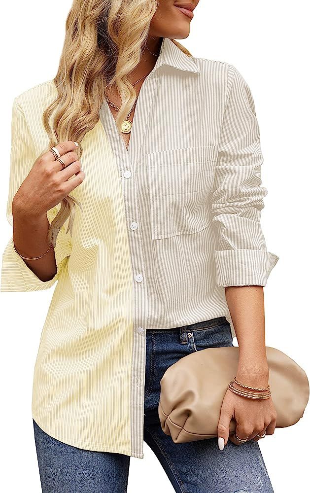 GRAPENT Women's Casual Button Down Shirt Striped Blouse Colorblock Long Sleeve Top | Amazon (US)