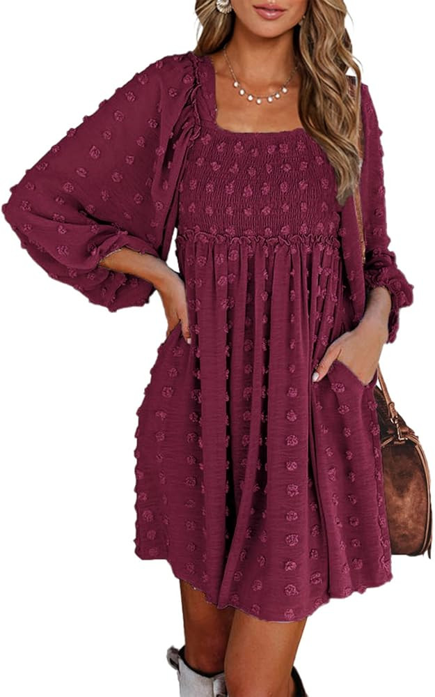 BTFBM Women's Square Neck Smocked Dresses Long Sleeve High Waist Floral Swiss Dot Flowy Babydoll ... | Amazon (US)