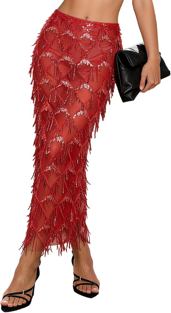 AXX Women's Sequin Fringe Midi Skirt - Sheer Mesh Sparkly Tassel Skirt with Side Slit, Elastic Wa... | Amazon (US)