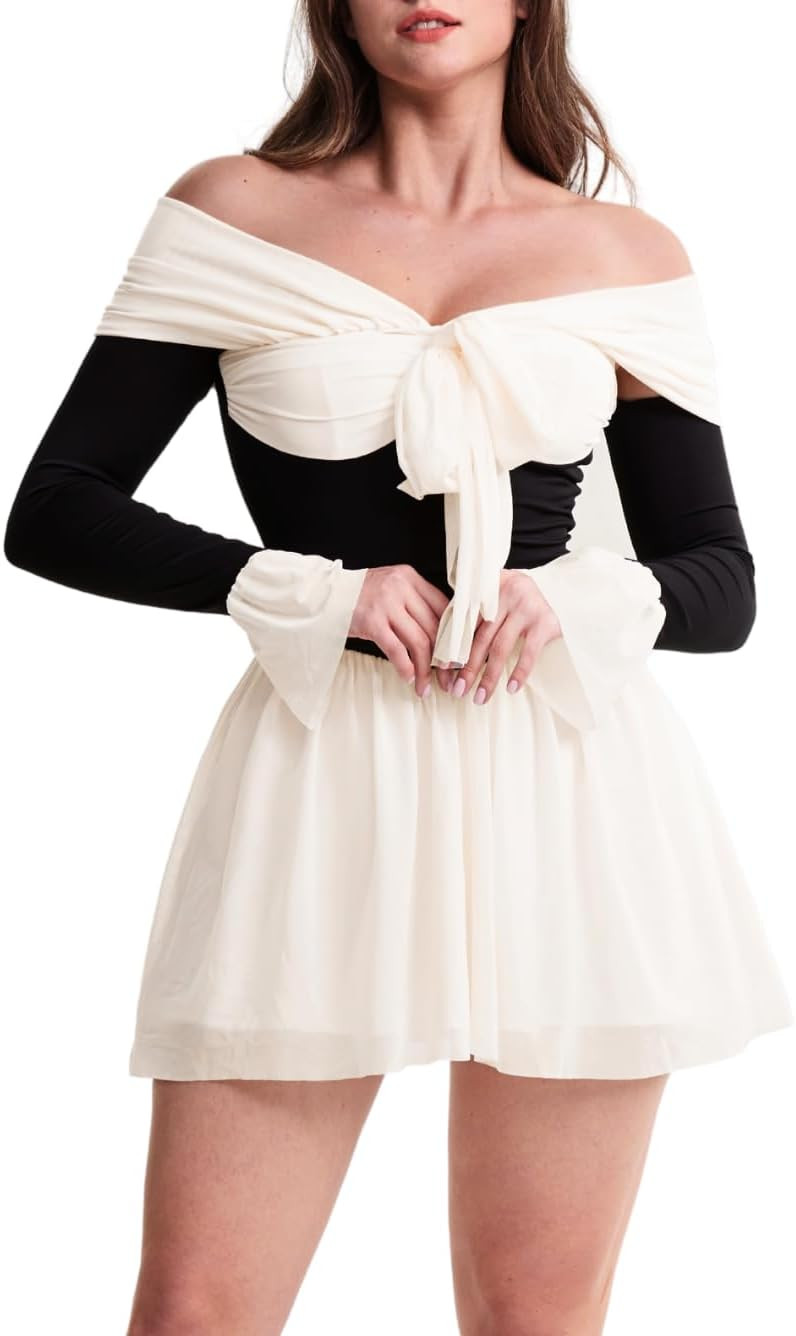Kaei&Shi Date Night Dresses for Women, Cute Tulle Bell Flare, Homecoming Birthday Dinner, Sexy Off Shoulder Mini Long Sleeve | Amazon (US)