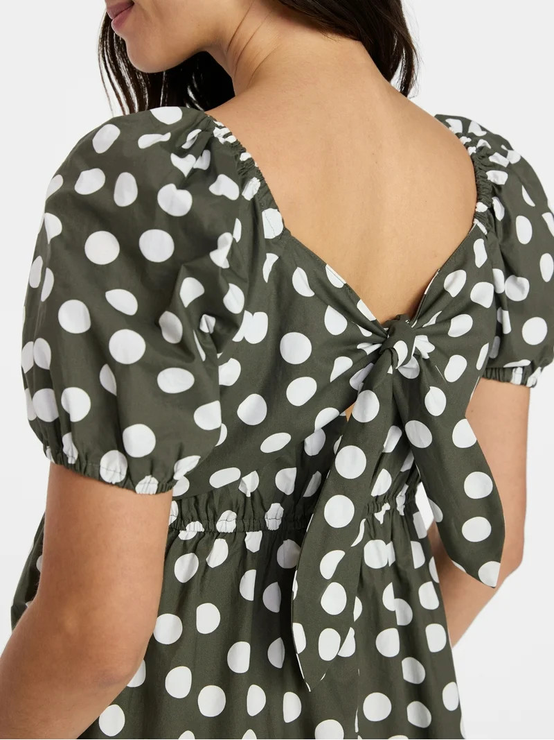Time and Tru Women's and Women's Plus Cotton Back Tie Midi Dress with Short Puff Sleeves, Sizes X... | Walmart (US)