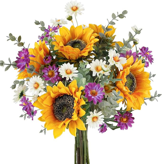 CEWOR Artificial Sunflowers Fake Cemetery Flowers for Grave Bouquet with Sunflowers for Bridal Bo... | Amazon (US)