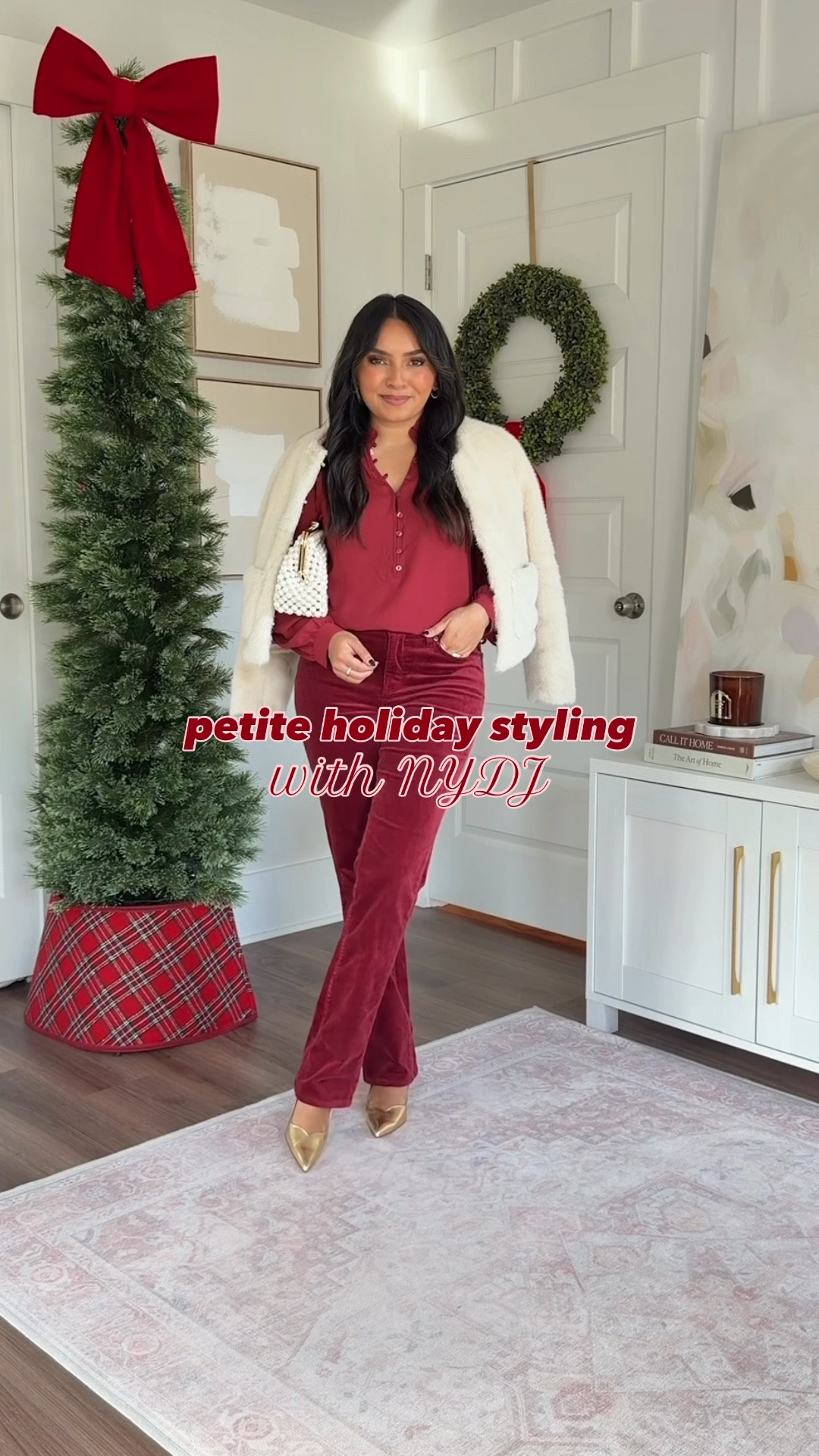 Holiday Styling with NYDJ!
For reference: I’m 5’0, 32b bra size, and 2/26 in bottoms, pear shaped. 
*Everything I share is unaltered! TTS means true to size. Between size 5-6.6 in shoes
All tops size xxs TTS
All pants and jeans size 0 petite - I size down a size in this brand

Wild currant top size xxs TTS
Natural ivory faux fur lady jacket size xxs regular - should sized up a size to button
Wild current red  marilyn velvet pants size 0 petite - I size down a size in this brand. These are currently sold out but I linked a similar option!

Black silk top size xxs TTS
Teresa wild leg jeans size 0 petite - I size down a size in this brand.
Bow belt - old, similar linked
Rhinestone heels - old, similar linked

Black faux fur coat size xxs regular TTS
Black sweater size xs petite TTS
Brooke loose jeans size 0 petite - I size down a size in this brand.
Bow belt - old, similar linked
Black leather boots size 5.5 TTS

Pine forest green top size xxs TTS
Barbara bootcut jeans size 0 petite - I size down a size in this brand. 
Belt size small TTS
Gold heels size 5 TTS

Taupe cashmere sweater size xxs TTS
Bow belt - old, similar linked
Black marilyn velvet pants size 0 petite - I size down a size in this brand. These are currently sold out but I linked a similar option!
Rhinestone heels - old, similar linked



holiday outfits
christmas outfits
petite holiday outfits
holiday tops
holiday pants outfits
jeans holiday outfit
festive outfits
christmas party outfit
winter outfits petite
petite style
holiday outfit ideas
holiday casual outfits
jeans and top holiday outfit
elevated basics
Office workwear holiday party 
petite fashion holiday
Rachel Miranda Blog
Honeysweetpetite



#LTKPetite #LTKHoliday #LTKWorkwear