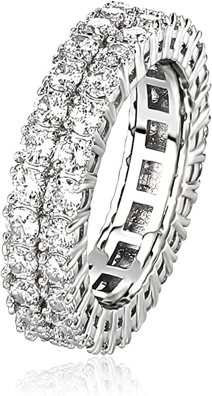 TOPGRILLZ 9mm 2Rows Round Cut 14K Silver Plated Iced out Lab Diamond Wedding Band Eternity Bands ... | Amazon (US)