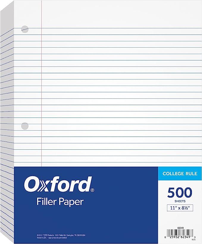 Oxford Filler Paper, 8-1/2" x 11", College Rule, 3-Hole Punched, Loose-Leaf Paper for 3-Ring Bind... | Amazon (US)