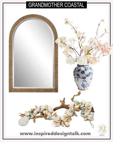 Rattan arch mirror, blue and white vase with pink flowers and driftwood coastal home decor  

#LTKstyletip #LTKhome #LTKSeasonal