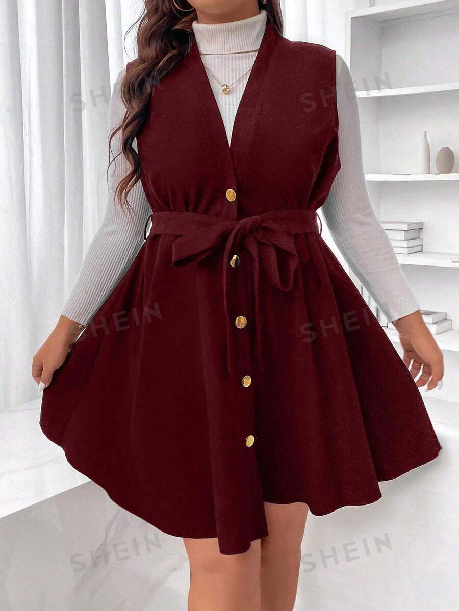 SHEIN Frenchy Plus Button Front Belted Dress Without Sweater | SHEIN