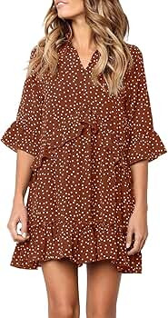 Women's V Neck Ruffle Polka Dot Pocket Loose Swing Casual Short T-Shirt Dress | Amazon (US)