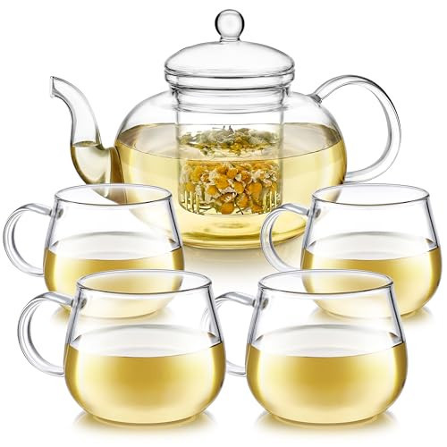 Teabloom Heatproof Glass Teapot Set with Removable Loose Tea Infuser (Standard Size: 32oz/946ml) and Four Borosilicate Glass Teacups (7oz/207ml) - Lead-free Complete Tea Set | Amazon (US)