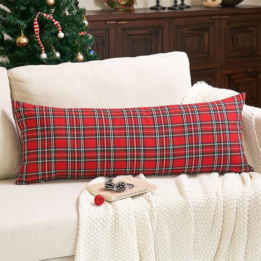 CARRIE HOME 14x36 Long Lumbar Red Christmas Pillow Cover 1 Pack, 14 x 36 Red Scottish Tartan Plai... | Amazon (US)