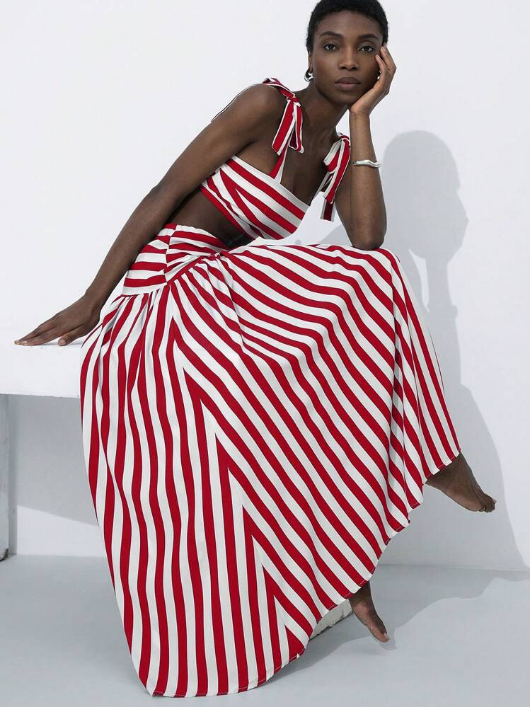 Aveloria Modichic New Fashionable Beach Resort Elegant Cocktail Women Strapless Striped Crop Top With Bow + High-Waisted Split Skirt 2Pcs Set | SHEIN