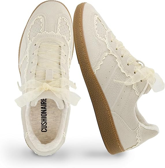 CUSHIONAIRE Belinda Women’s Lace Detail Casual Sneakers – Elegant Ribbon Lace-Up Shoes with M... | Amazon (US)