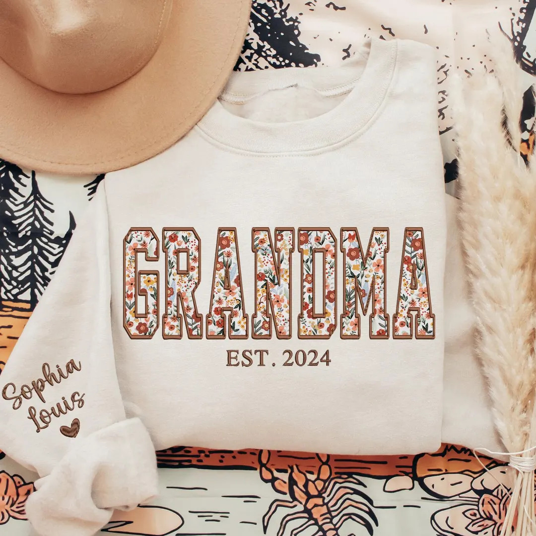 Custom Embroidered Grandma Sweatshirt, Grandma Floral Applique Sweatshirt, Grandma Sweater With K... | Etsy (US)