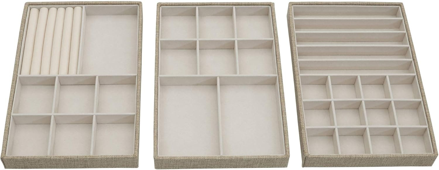 Household Essentials Brown Stacking Jewelry Organizer Box Tray Set with Removable Lid Fabric | Amazon (US)