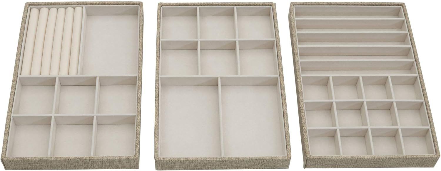 Household Essentials Brown Stacking Jewelry Organizer Box Tray Set with Removable Lid Fabric | Amazon (US)
