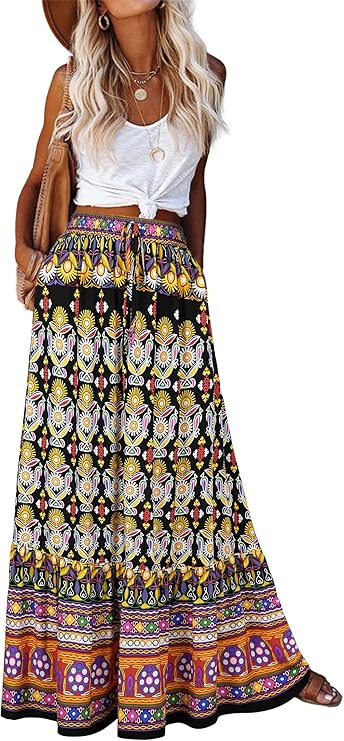 Bsubseach Women Maxi Skirt Boho Long Flowy A Line Floral Summer Skirt | Amazon (US)