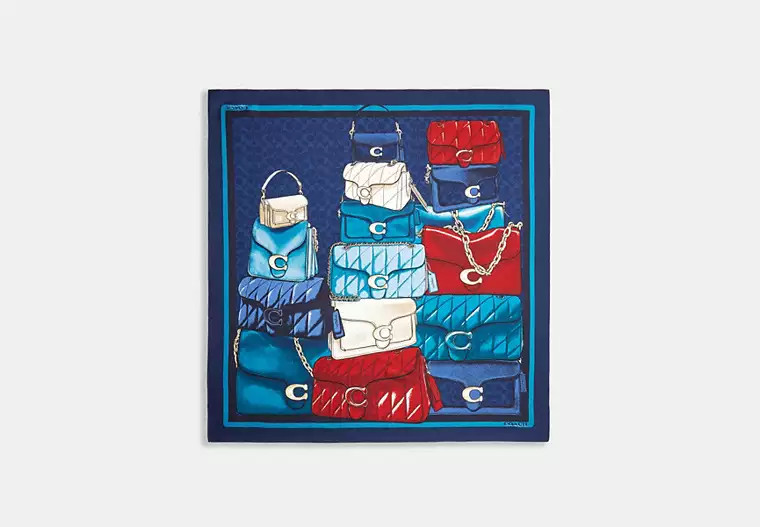 Coach Stacked Tabby Bags Print Silk Square Scarf - Women's - Navy Multi | Coach (US)