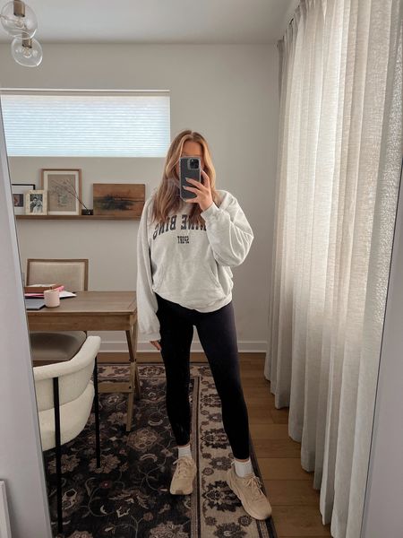 Anine Bing sweatshirt tts M it’s got a slightly loose fit and is just so comfy. Not sure plush inside but lightweight and comfy. Lululemon align leggings my fave ever size 8 tts. Size down if between! They are stretchy and butter soft. Fave amazon socks. Hokas run true to size, the tan is sold out but in stock in pink! 

#LTKunder100 #LTKshoecrush #LTKstyletip
