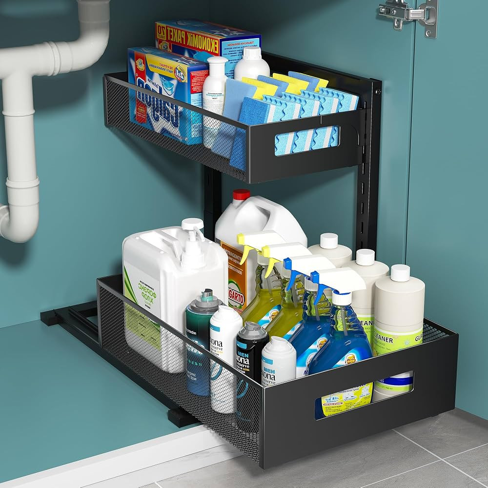 2-Tier Metal Under Sink Organizer, Pull Out Smoothly Under Kitchen Sink Organizer with Track, Lar... | Amazon (US)