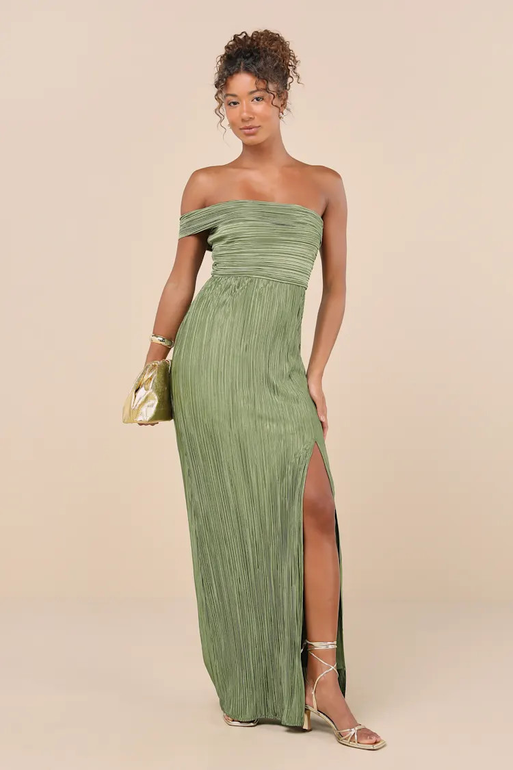 Poised Performance Olive Green Plisse One-Shoulder Maxi Dress | Lulus