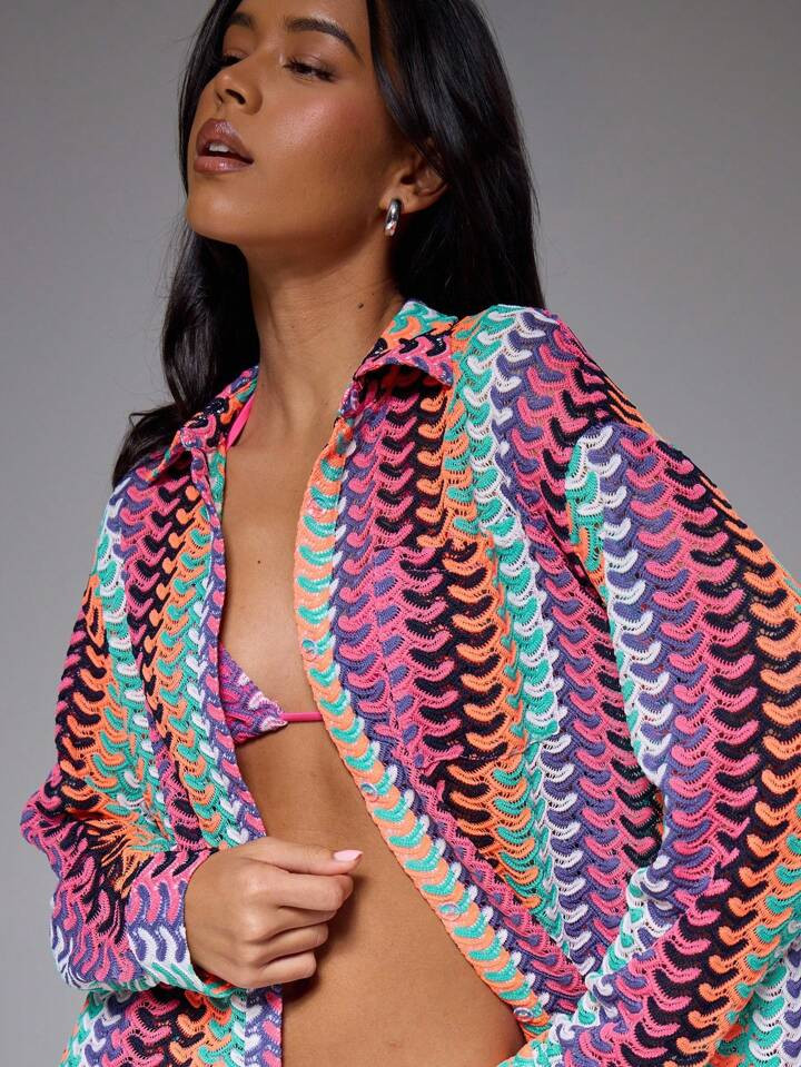 MUSERA Textured Patterned Oversized Long Sleeve Shirt Boho Ibiza Cute Sexy Vacation Summer Beach ... | SHEIN