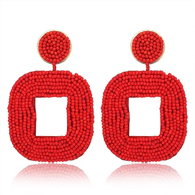 Amazon.com: Boderier Beaded Drop Earrings Bohemian Beaded Square Dangle Statement Earrings (Red):... | Amazon (US)