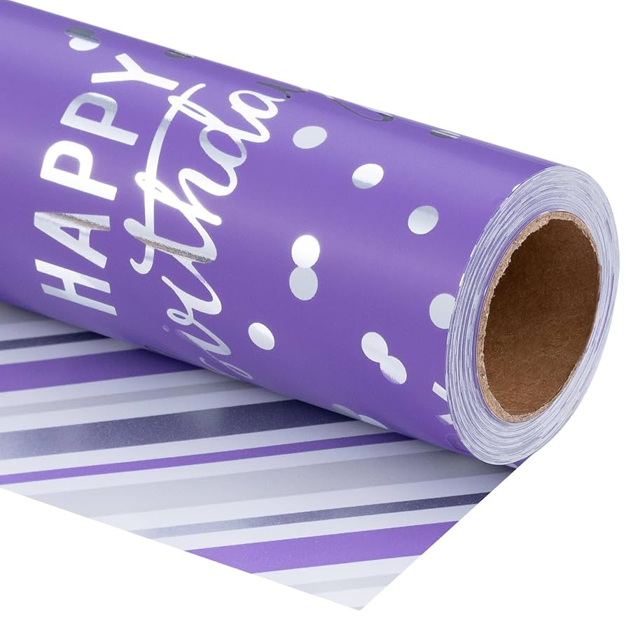 LeZakaa Reversible Purple Birthday Wrapping Paper Roll for Girls Women, Happy Birthday Lettering ... | Amazon (US)