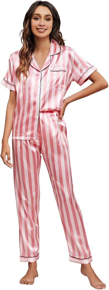 Women's 2 Piece Sleepwear Striped Satin Short Sleeve Shirt and Pants Pajama Set | Amazon (US)