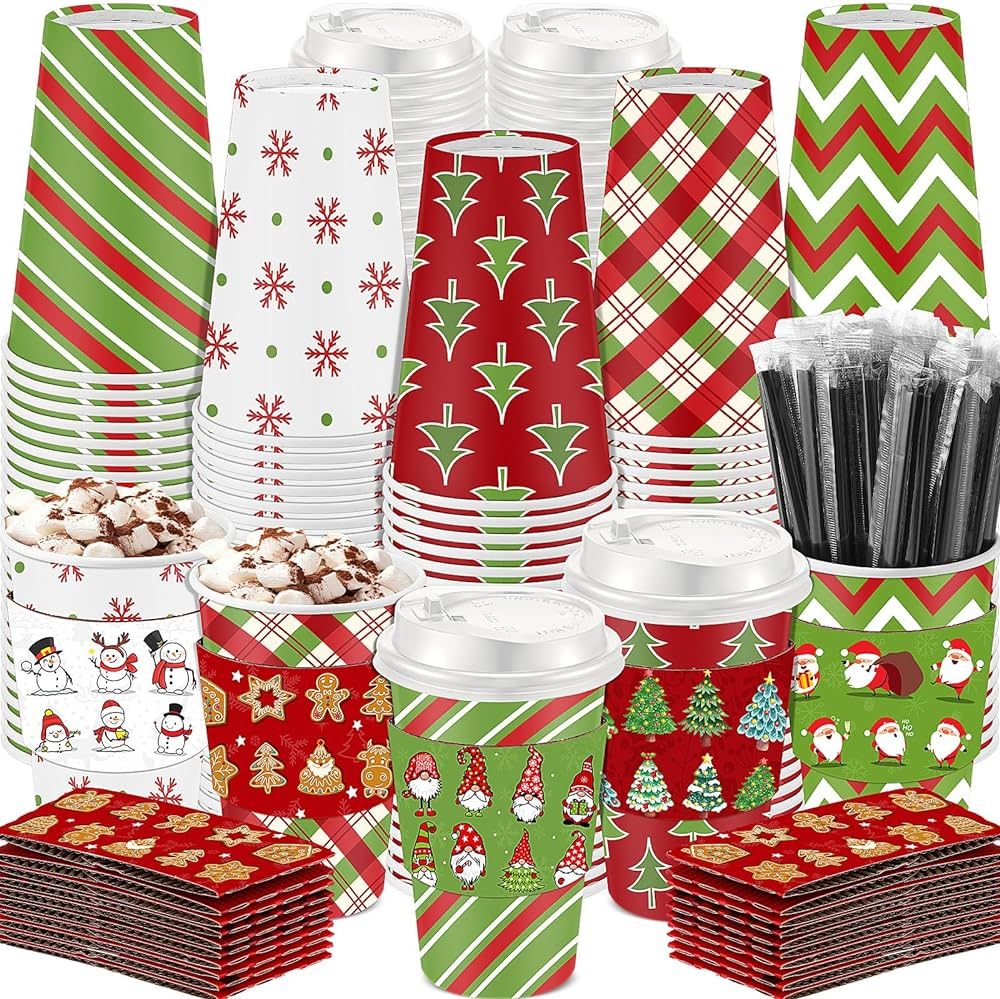 Ziliny 100 Sets Christmas Disposable Coffee Cup Christmas Paper Cups with Sleeve, Plastic Lid, St... | Amazon (US)