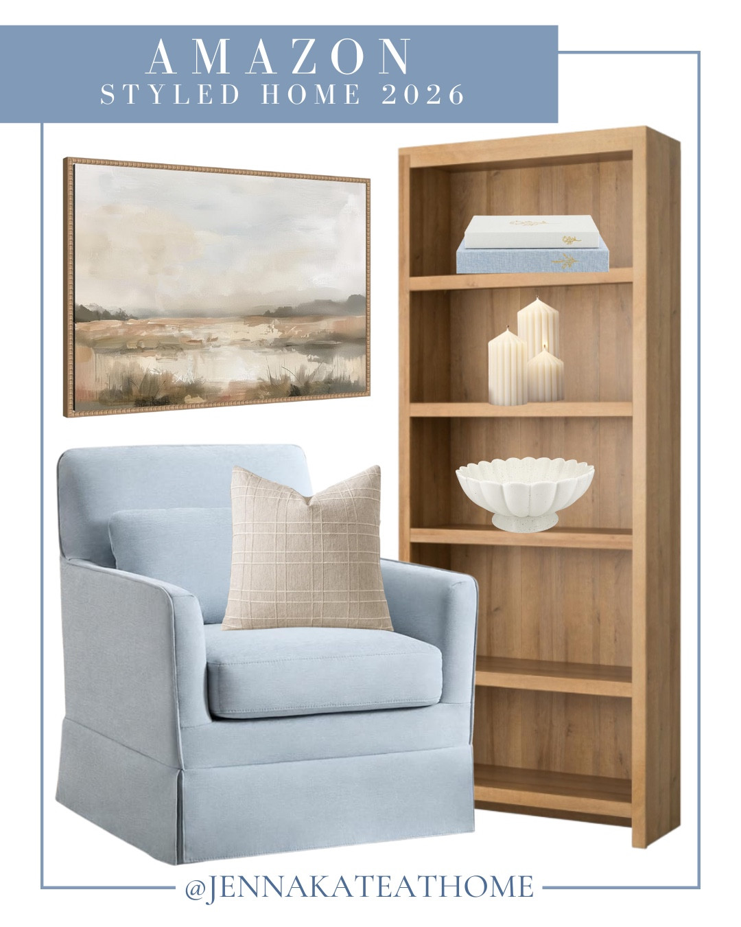 Styled home includes accent chair, throw pillow, bookshelf, decorative bowl, pillar candles, decorative books, and wall art.

Home decor, styled living room, home accents, coastal home

#LTKFindsUnder100 #LTKHome #LTKFindsUnder50