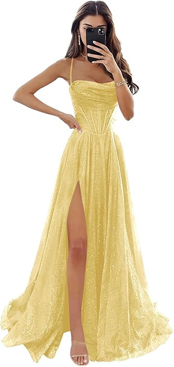 Women's Glitter Tulle Prom Dresses with Spaghetti Straps for Teens Cowl Neck Long Formal Evening ... | Amazon (US)