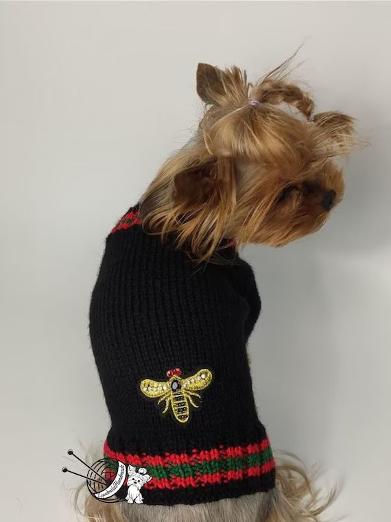 black knitted sweater for dog, pet costume for dog, dog sweater with bee, designer dog clothes, y... | Etsy (US)