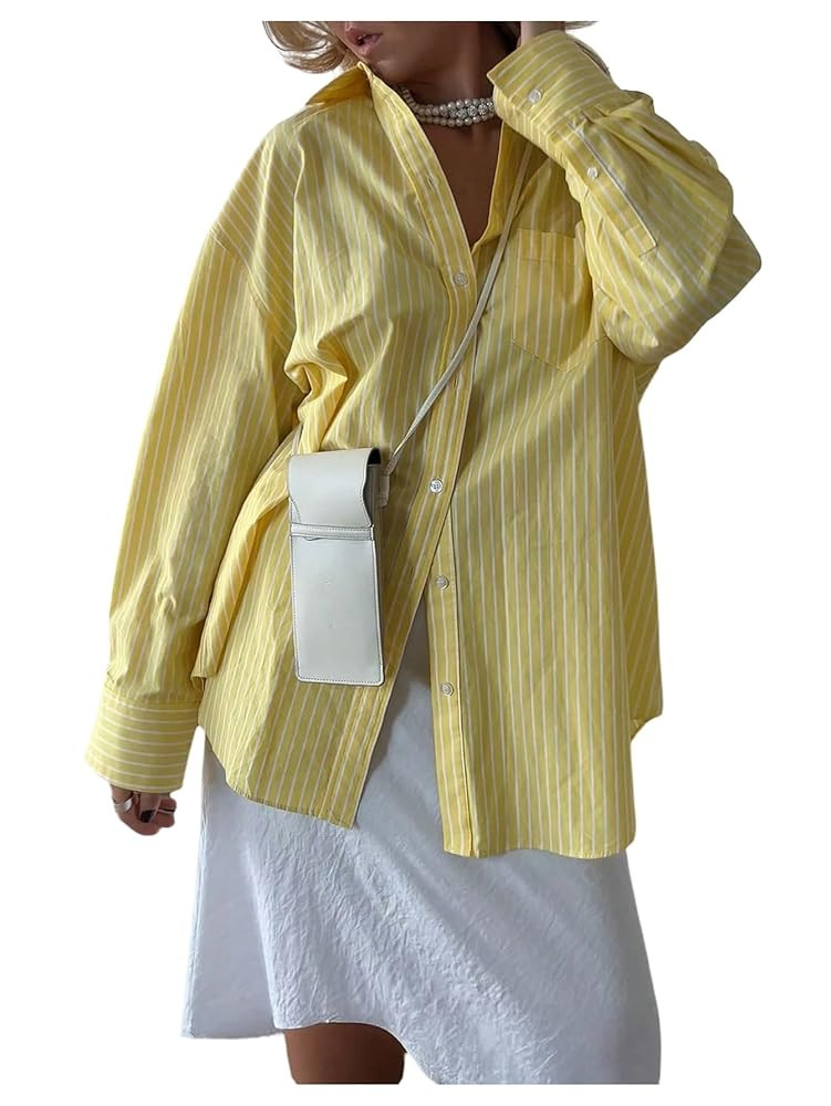 GORGLITTER Women's Oversized Striped Button Down Shirt Sun Protection Yellow Tops Long Sleeve Blo... | Amazon (US)