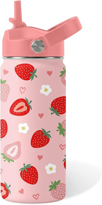 Strawberry Gifts for Kids - 16oz Pink Kids Water Bottle with Straw Lid, Stainless Steel Insulated... | Amazon (US)