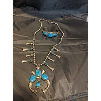 Free Shipping - Vintage Silver Tone Squash Blossom Necklace With Faux Turquoise Stones & Matching Cuff Bracelet. See Below For Sizing Info | Etsy (US)