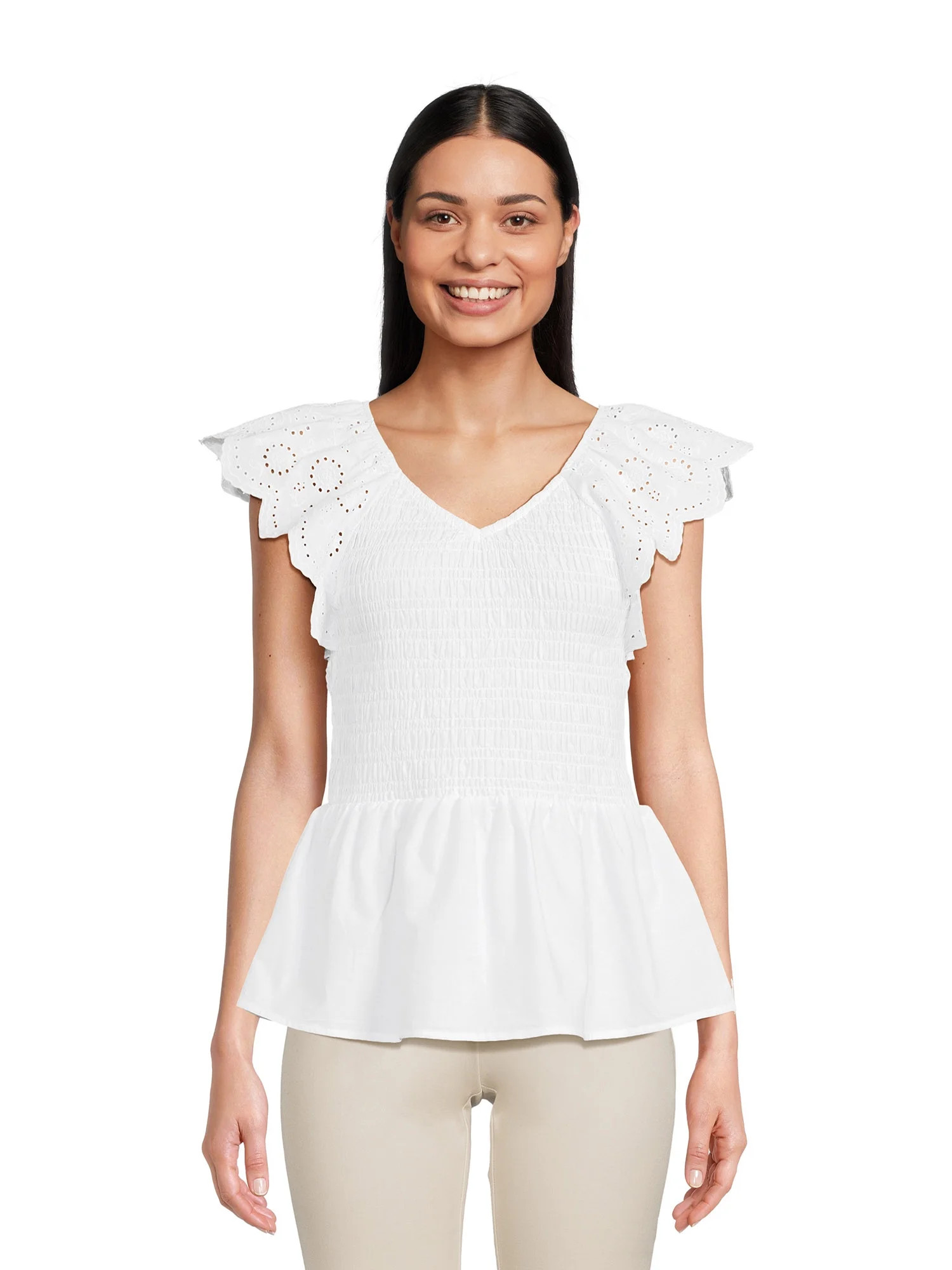Time and Tru Women's Smocked Bodice V-Neck Eyelet Top, XS-3XL | Walmart (US)