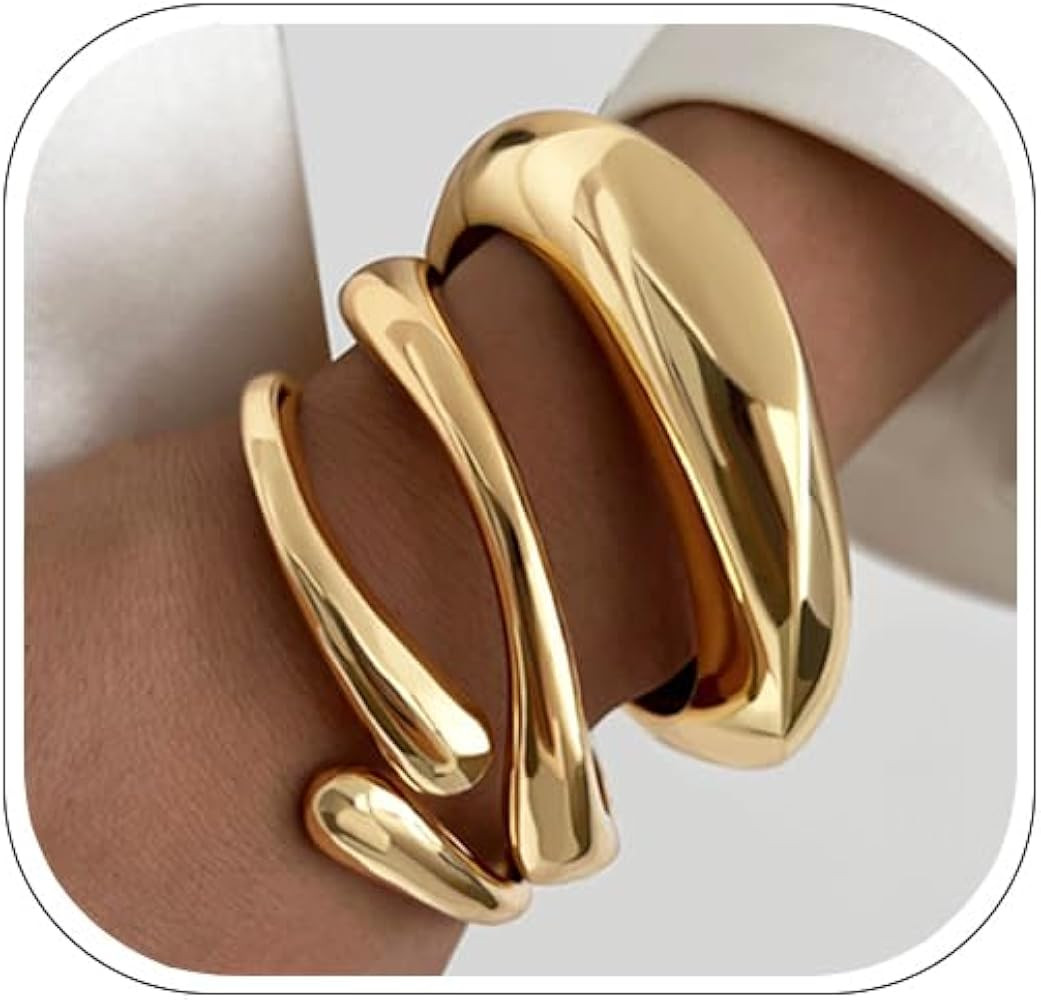 Chunky Gold Bangle Bracelets for Women, Dainty 14k Gold Plated Big Stackable Bangles Set, Trendy ... | Amazon (US)