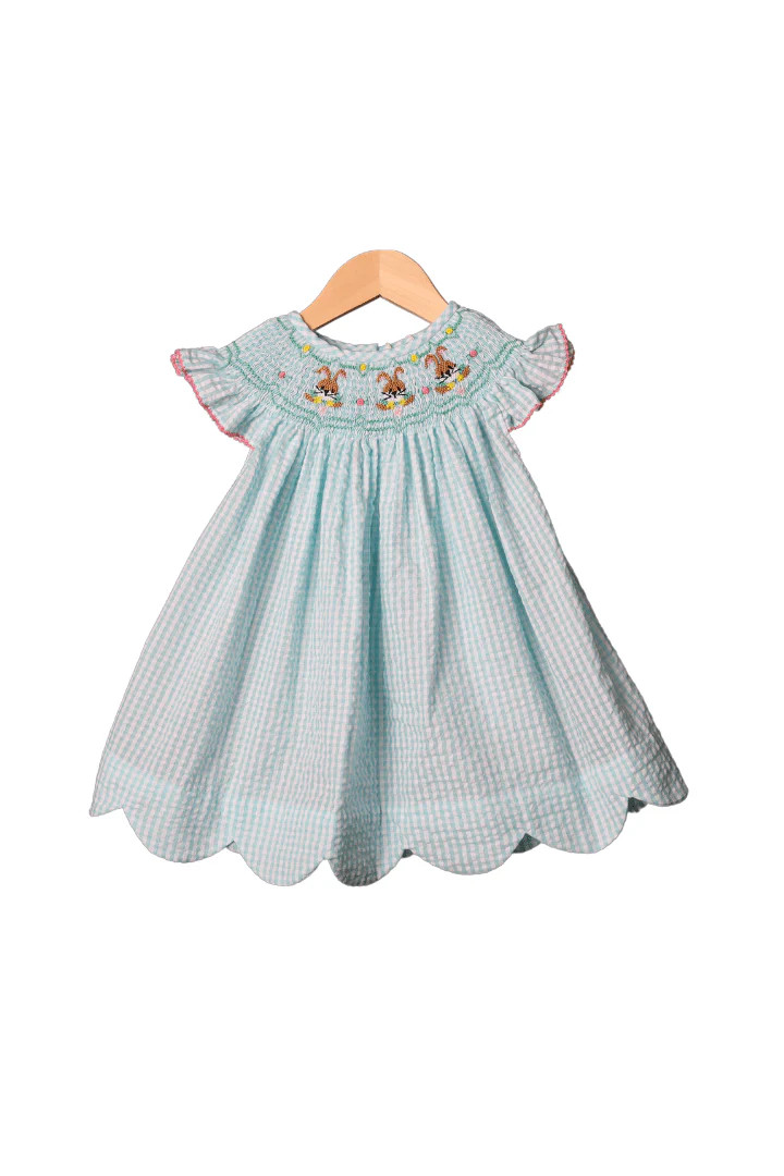 Smocked Turquoise Gingham Seersucker Easter Bunny Dress | The Smocked Flamingo