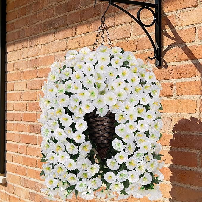 Artificial Fake Flowers Plants Hanging Baskets for Outdoor Outside Decor, Faux Silk Hanging White... | Amazon (US)