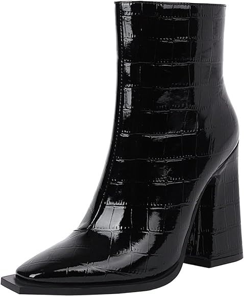 vivianly Women Mid Calf Platform Boots For Women Square-Toe Leather Ankle Length Thick Heels Side... | Amazon (US)