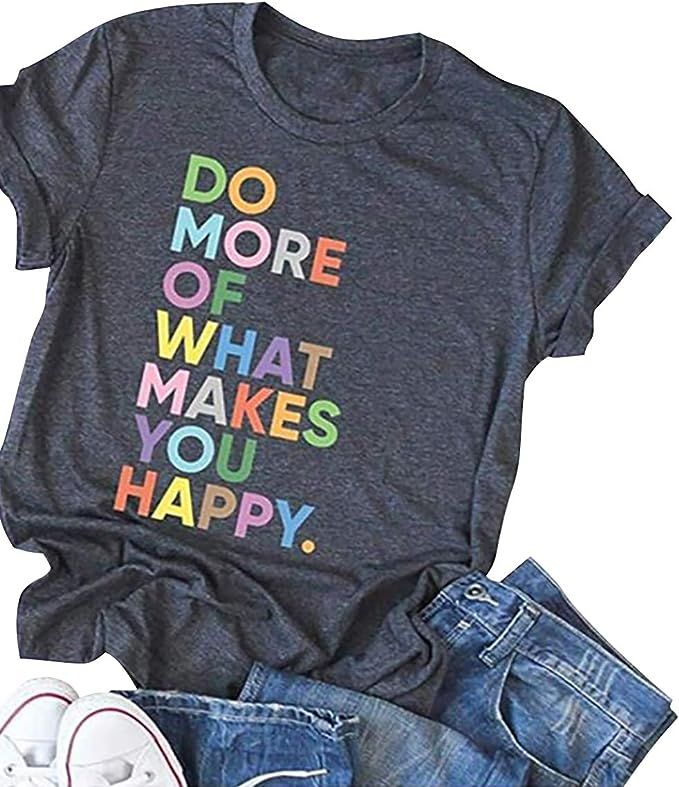 Women's Fun Happy Graphic Tees Cute Short Sleeve Letter Printed T-Shirts Tops | Amazon (US)
