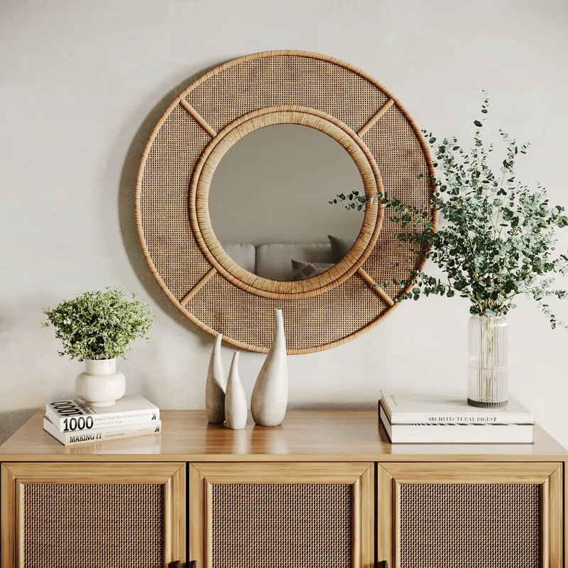 Maraya Rattan Round Boho Wall Mirror - 28.25"H x 28.25"W x 1.75"D | Bed Bath & Beyond