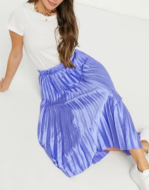 ASOS DESIGN column pleated satin midi skirt in blue | ASOS (Global)