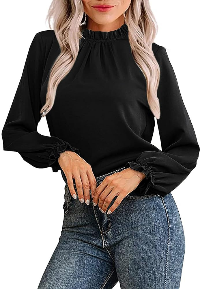 Avanova Women Polka Dot Long Sleeve Blouse Shirts Work Mock Neck Ruffle Top | Amazon (US)