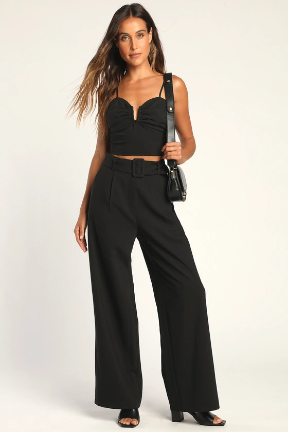Dress It Up Black Belted High-Waisted Wide Leg Pants | Lulus (US)