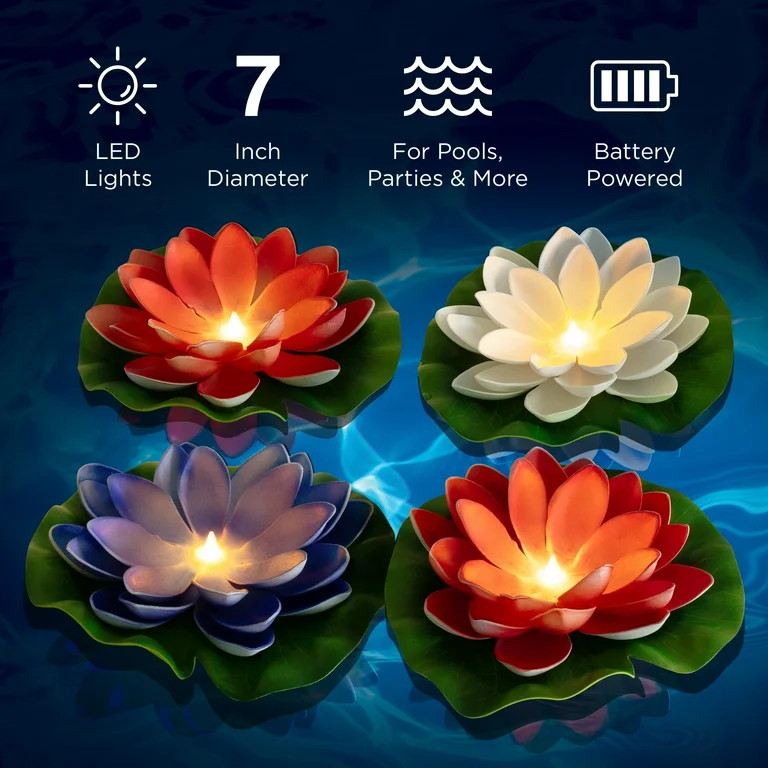 Merkury Innovations 4-Pack 7-Inch Floating LED Lily Pads for Ponds and Pools – Warm White Flick... | Walmart (US)